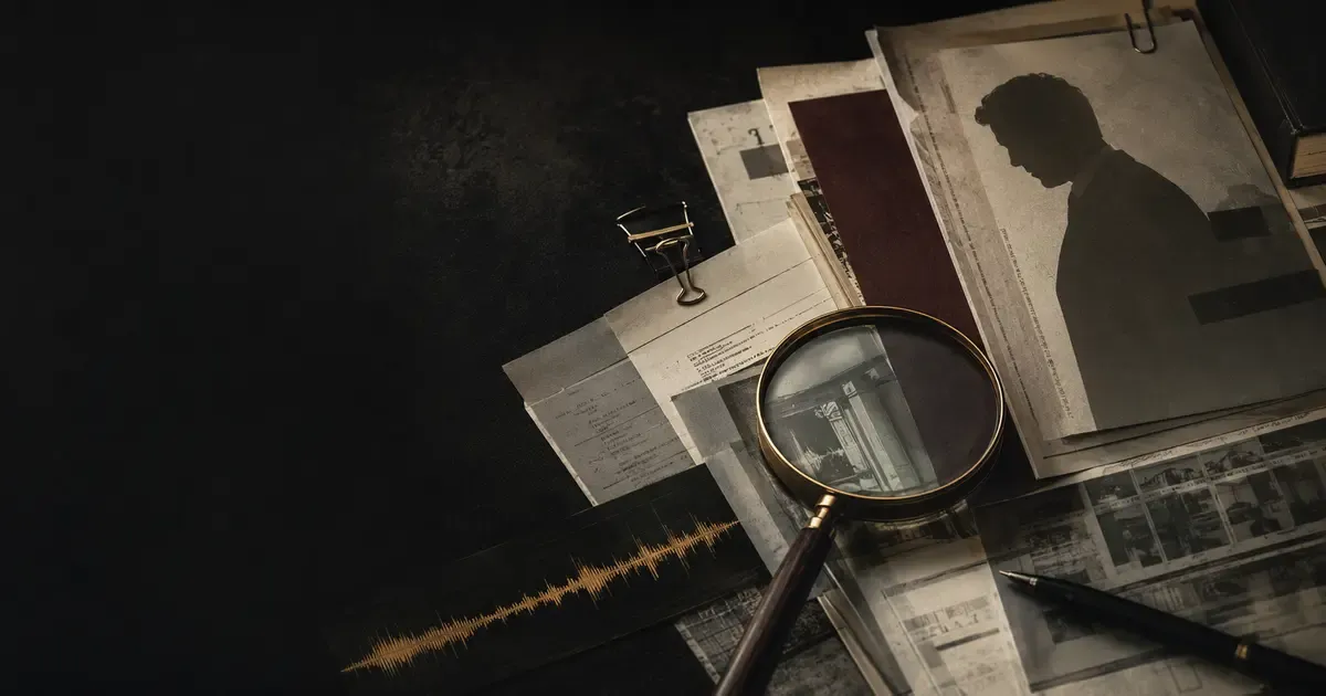 Archives, silhouette éditoriale, loupe et chronologie sonore illustrant le dossier Jules Caylar