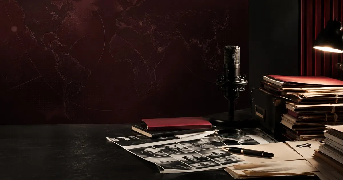 Newsroom desk: a studio microphone, stacks of files and black-and-white prints on a dark table