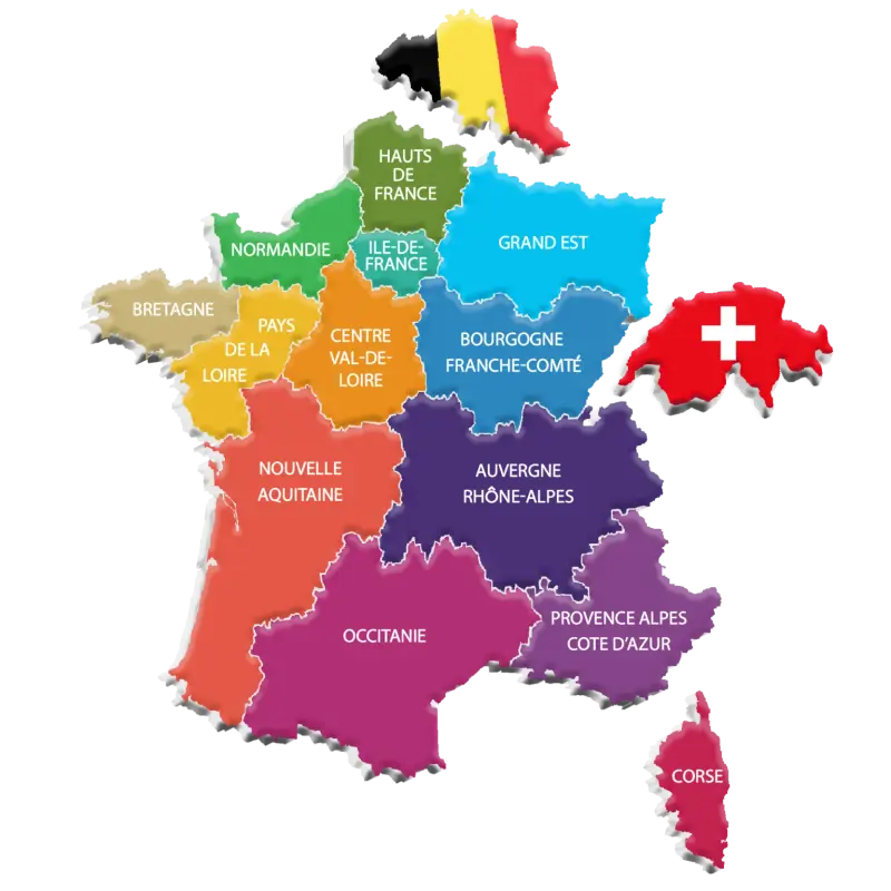 Article suivant : Carte de France en relief avec les régions en couleurs et leurs noms, Belgique et Suisse en bordure
