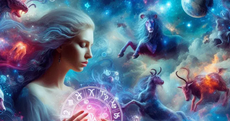 Illustration cosmique : femme de profil devant une roue zodiacale et des figures animales dans les étoiles