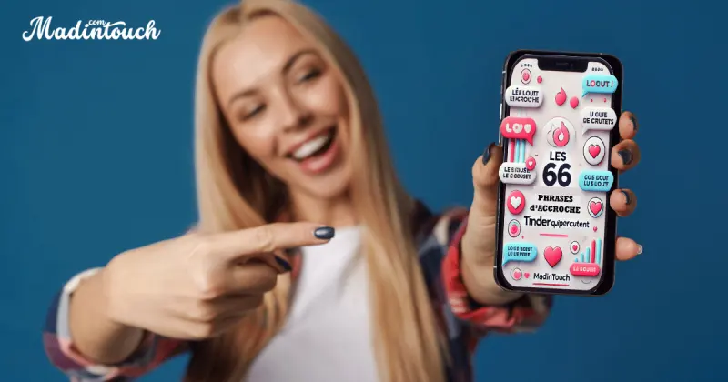 Bannière Madintouch : femme blonde souriante pointant un smartphone affichant « Les 66 phrases d'accroche Tinder »
