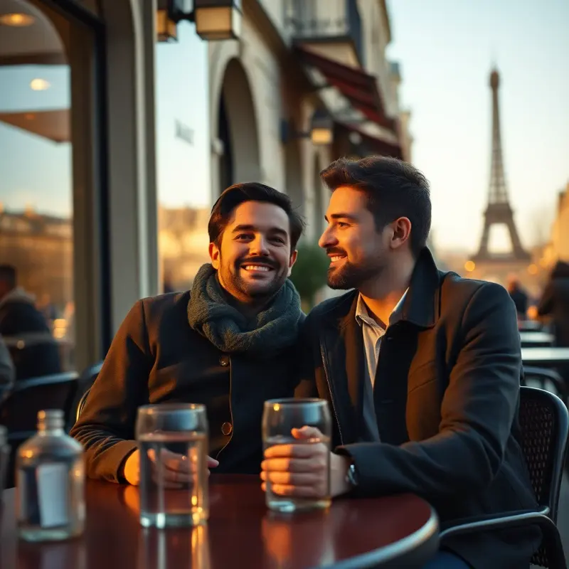 Two men at a Paris café terrace, with the Eiffel Tower in the background