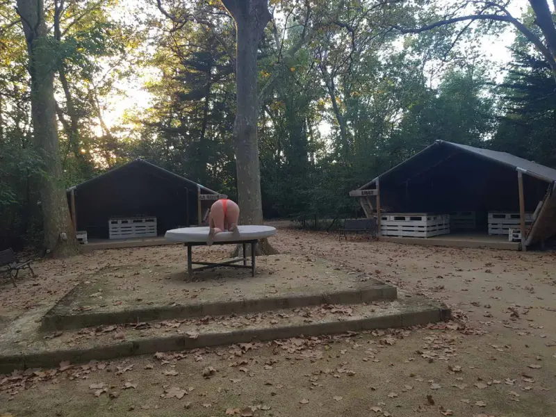 Clairière boisée d'un lieu naturiste : table ronde en pierre entre deux abris en bois, feuilles mortes au sol