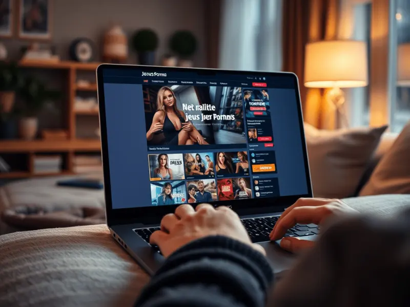Ordinateur portable ouvert sur un site pour adultes, posé sur un canapé dans un salon éclairé le soir