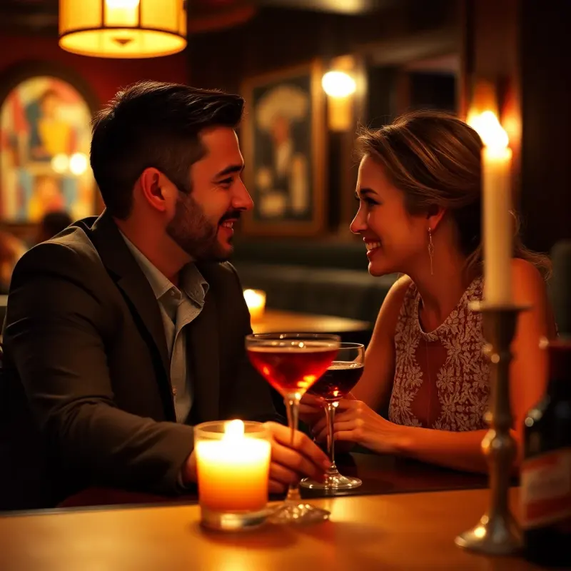 A couple clinking glasses by candlelight in a dimly lit bar