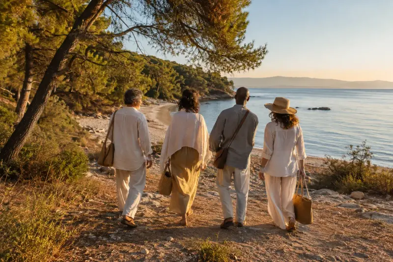 Quatre adultes en tenue légère marchent ensemble vers une plage méditerranéenne pour une sortie conviviale