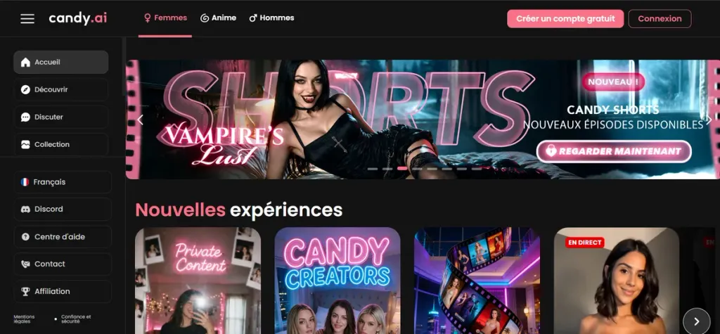 Page d'accueil de Candy.ai en français avec la galerie de petites amies IA