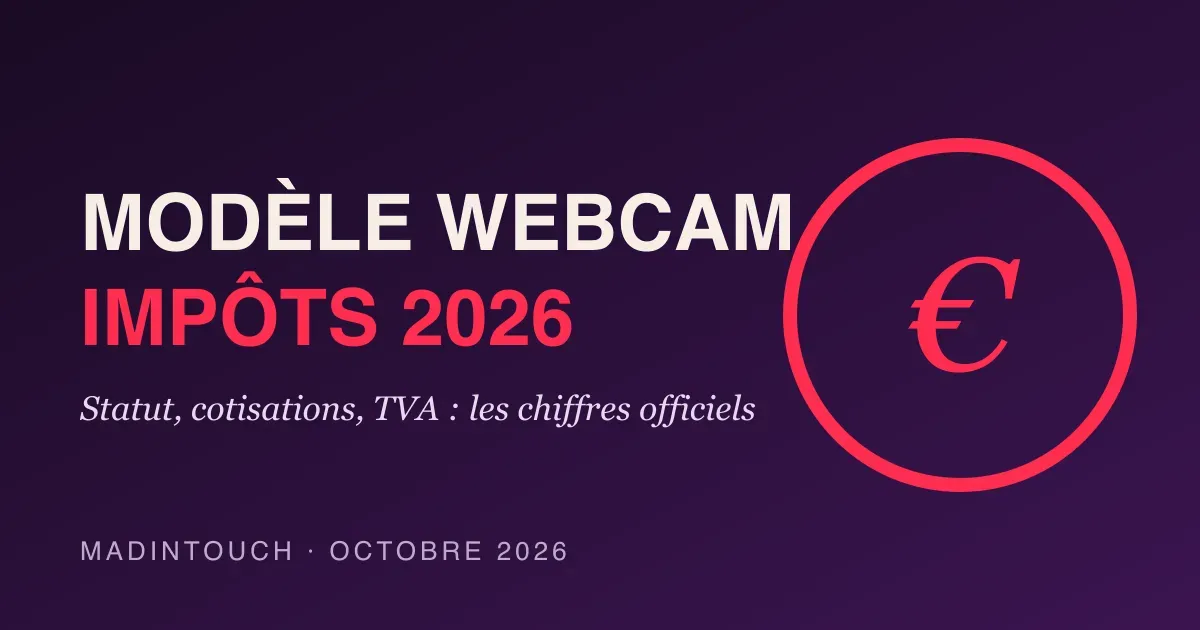 Visuel éditorial : modèle webcam et impôts 2026, texte crème et rouge sur fond violet
