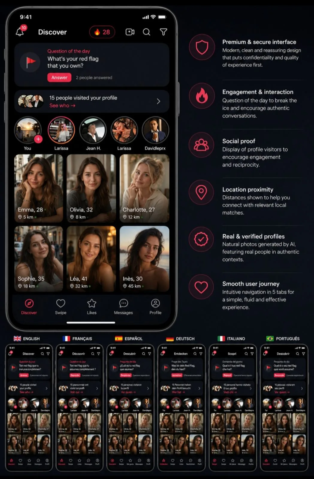 Application Mad2Moi — écran Discover avec profils vérifiés de la communauté
