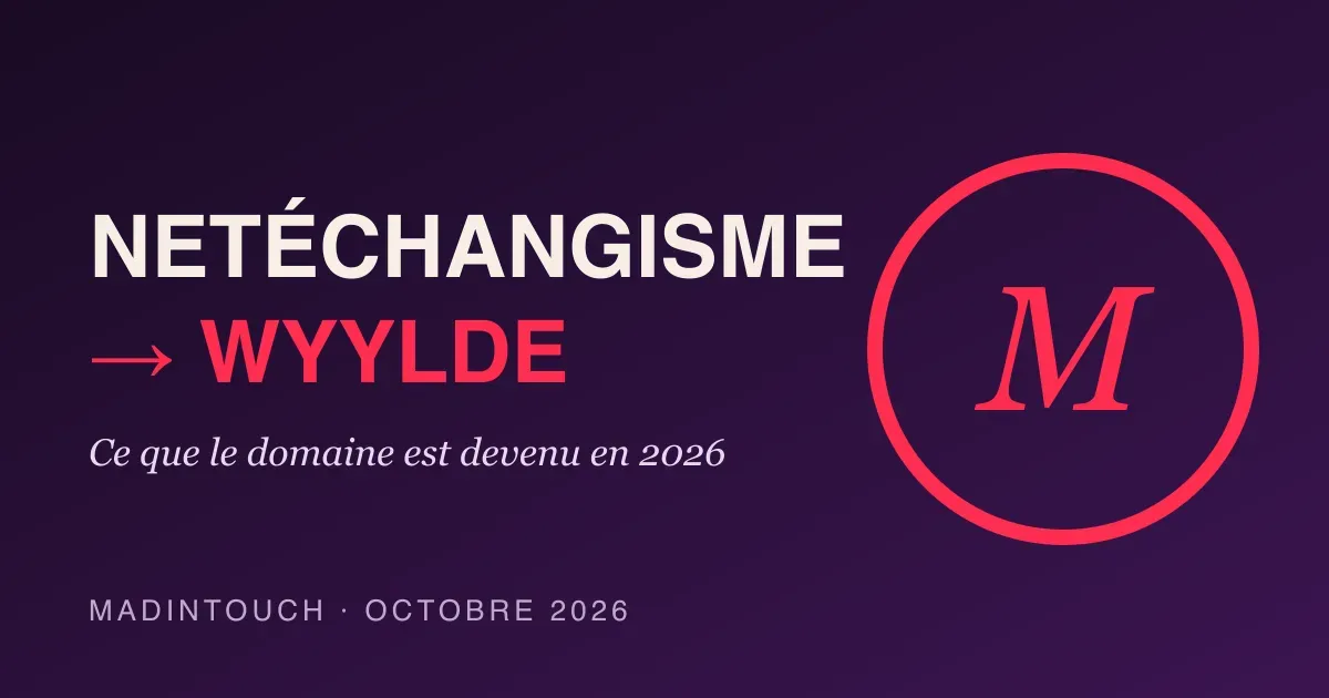 Visuel éditorial : Netéchangisme devenu Wyylde, texte crème et rouge sur fond violet