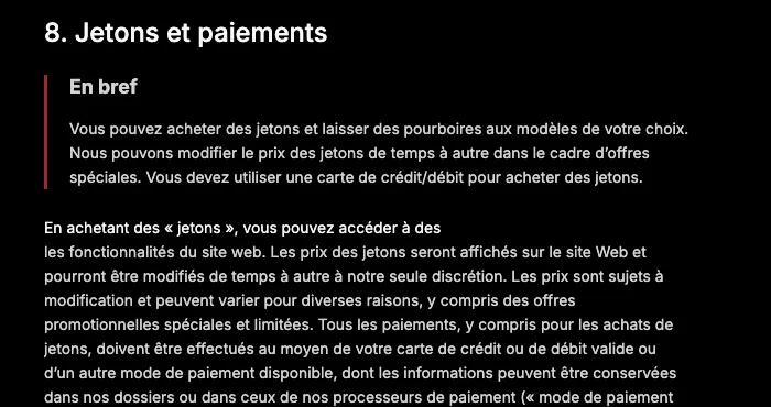 Schermafbeelding van sectie 8 Tokens en betalingen in de Franse versie van de algemene voorwaarden van Stripchat