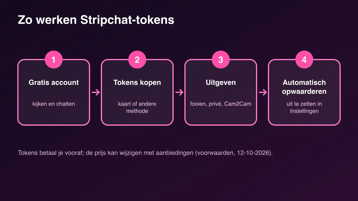Schema in vier stappen van hoe Stripchat-tokens werken