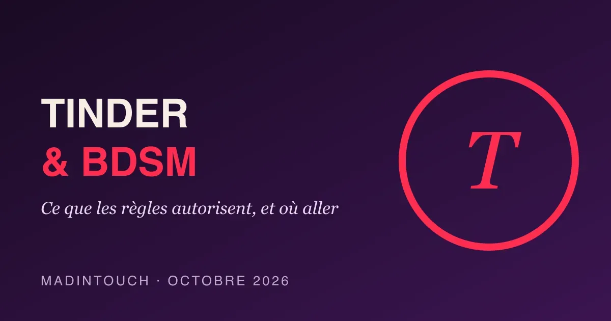 Visuel éditorial : Tinder et BDSM, texte crème et rouge sur fond violet