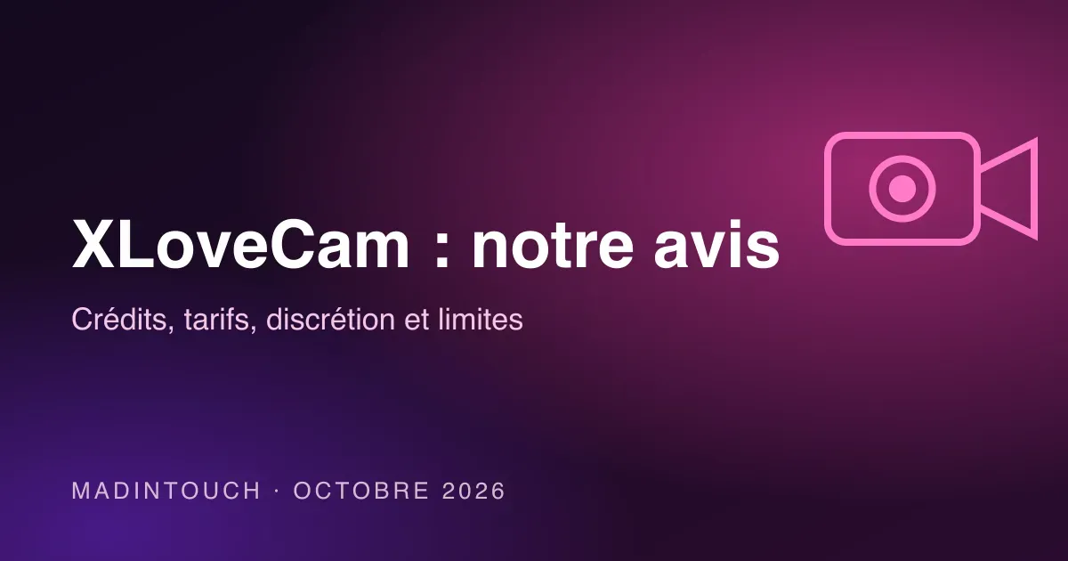 Immagine editoriale della recensione XLoveCam 2026: icona di webcam rosa su sfondo viola