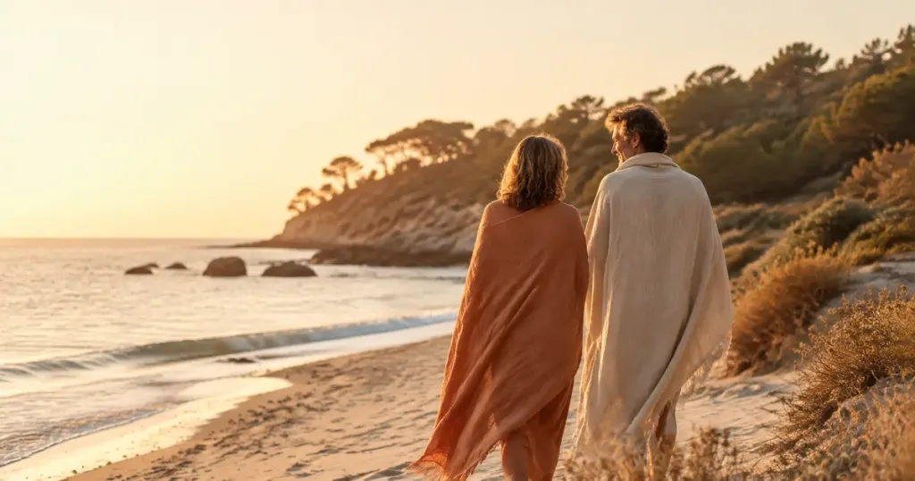 Deux adultes marchent au bord de la Méditerranée dans une ambiance naturiste paisible