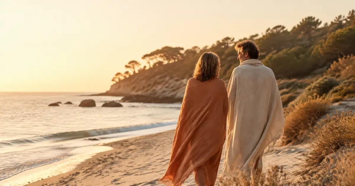 Due adulti passeggiano sul Mediterraneo in un’atmosfera naturista tranquilla