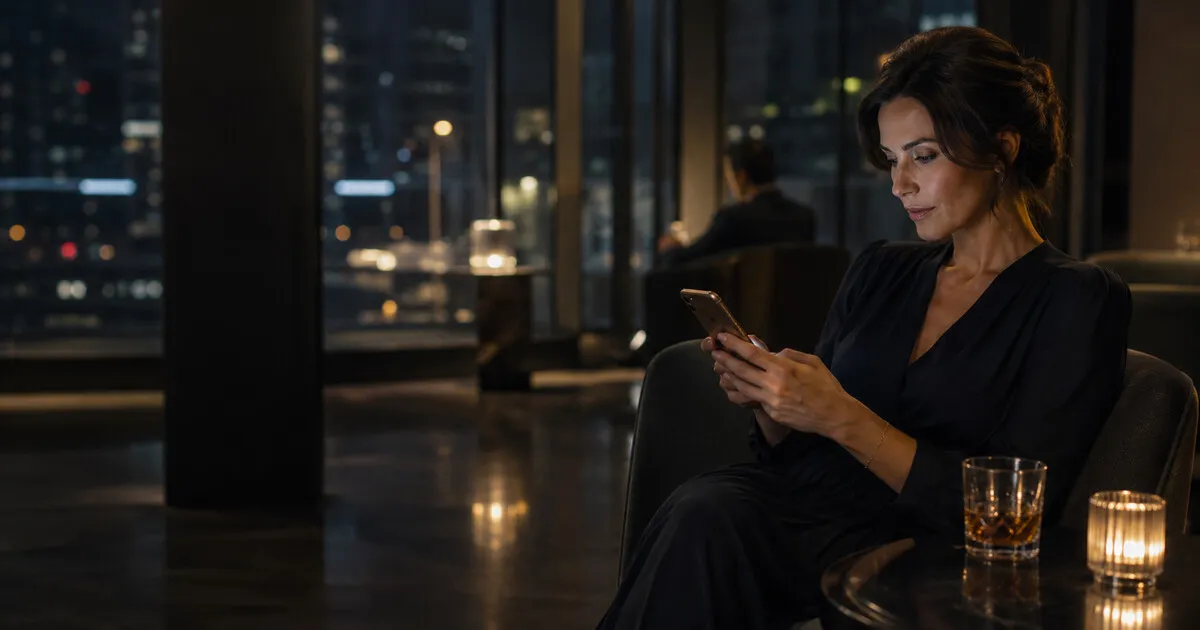 Femme en robe noire consultant son téléphone dans un salon d’hôtel la nuit, la ville derrière la baie vitrée