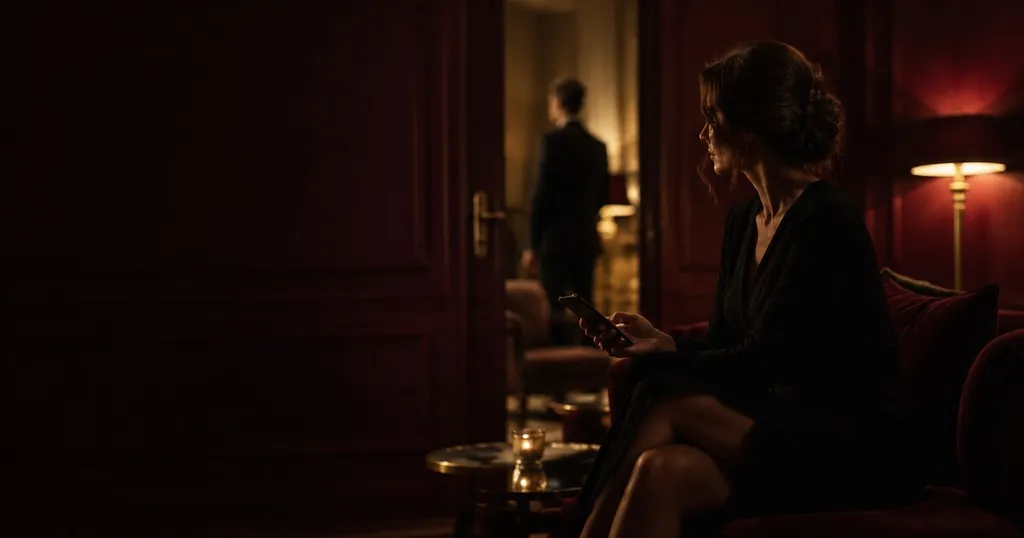 Femme en robe noire assise dans un salon boisé sombre, téléphone à la main, une silhouette dans l’embrasure