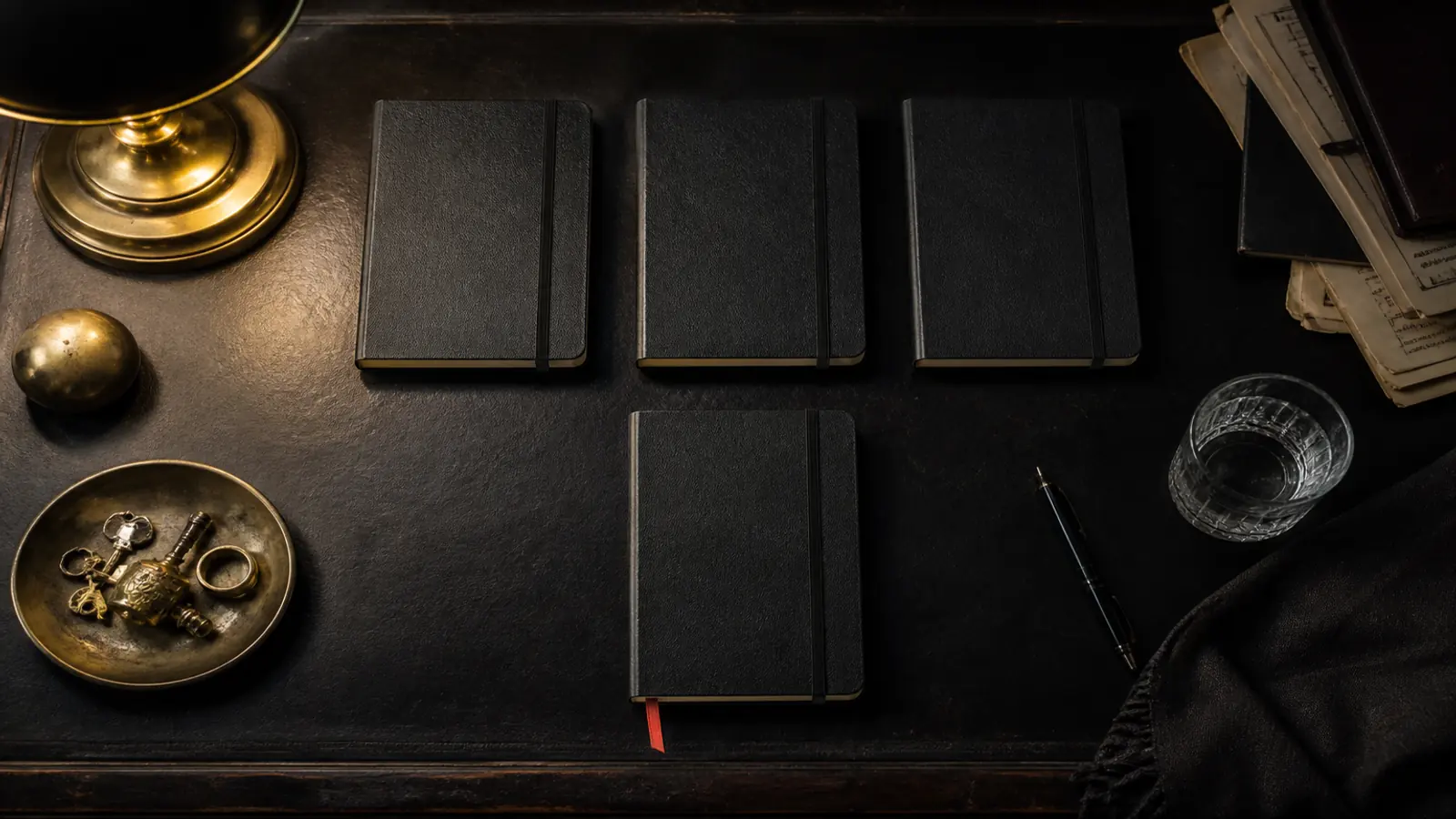 Quatre carnets noirs rigides disposés sur un bureau sombre, avec un marque-page corail contrastant