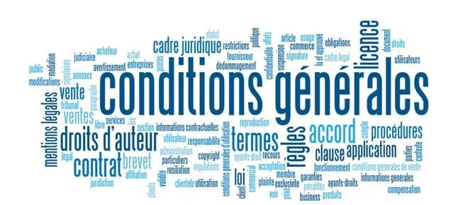Nuvem de termos jurídicos em azul em torno da expressão « conditions générales »