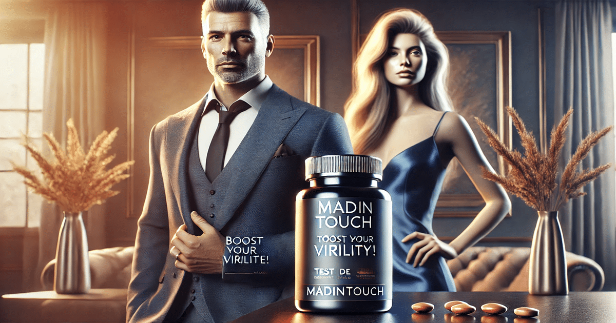 Article suivant : Illustration : homme en costume et femme en robe bleue dans un salon, flacon de compléments Madintouch…