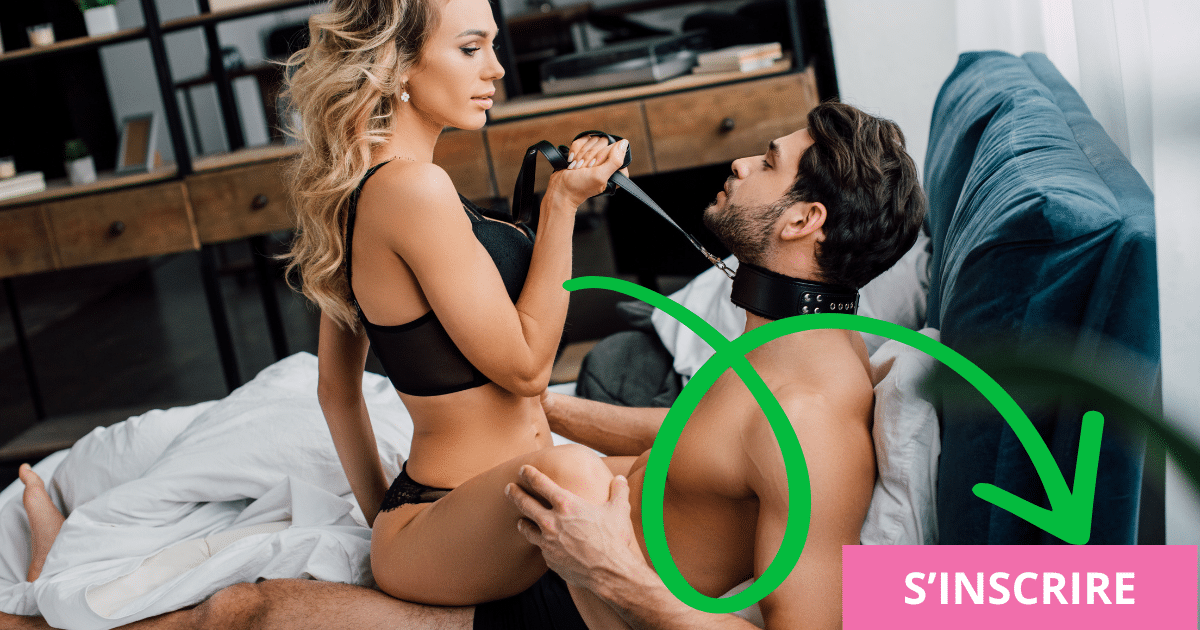 Bannière Madintouch : femme blonde en lingerie noire tenant la laisse d'un homme au collier, flèche verte vers « S'inscrire »