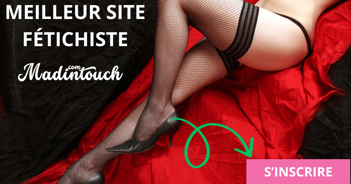 Banner de Madintouch: piernas con medias de rejilla y tacones negros sobre tela roja