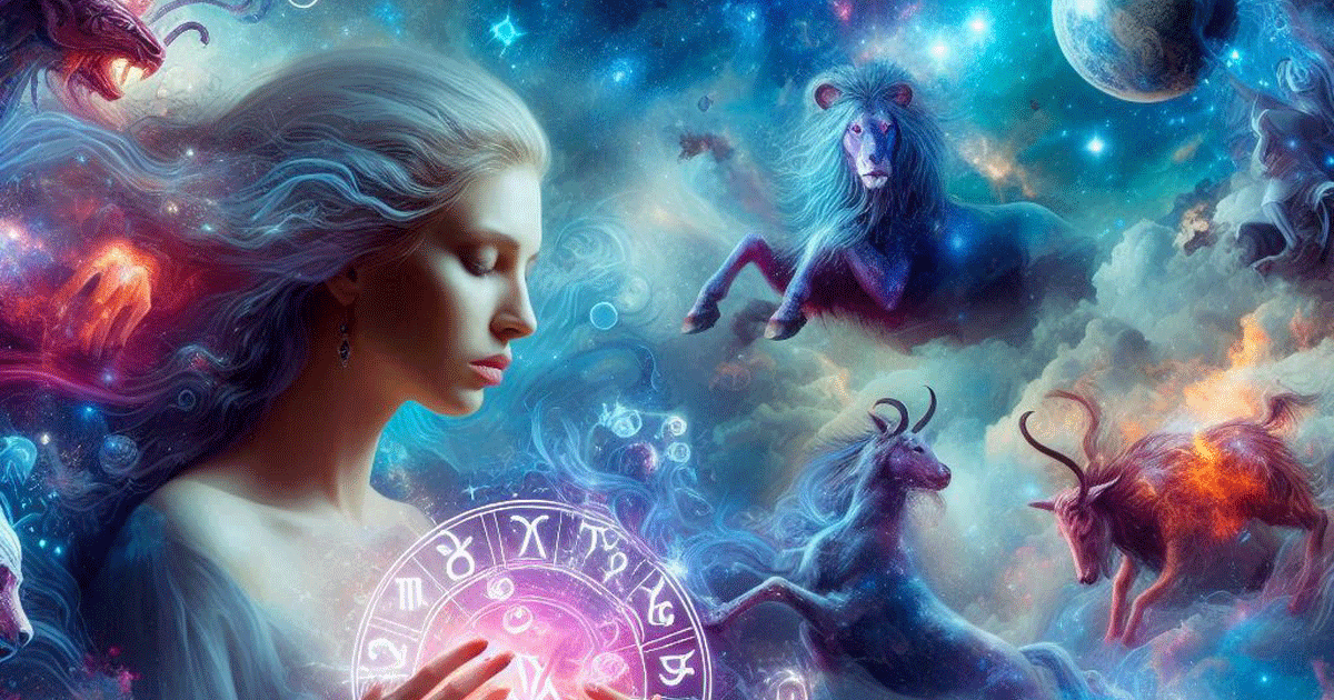 Illustration cosmique : femme de profil devant une roue zodiacale et des figures animales dans les étoiles