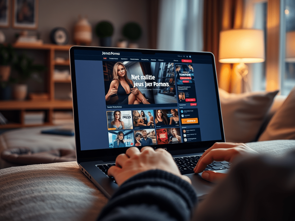 Ordinateur portable ouvert sur un site pour adultes, posé sur un canapé dans un salon éclairé le soir
