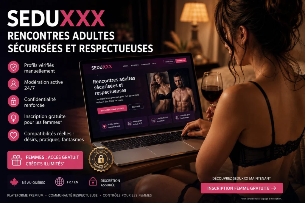 Bannière SeduXXX : femme devant un ordinateur portable affichant le site de rencontres