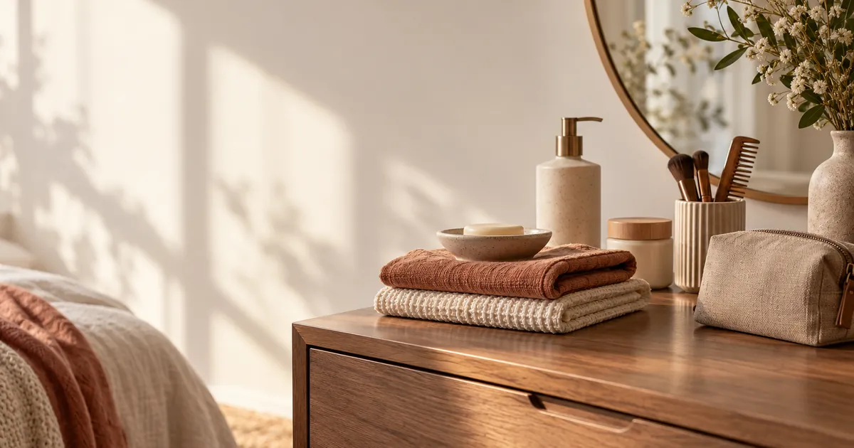 Table de toilette avec linge plié, accessoires neutres et pochette de rangement dans une chambre lumineuse