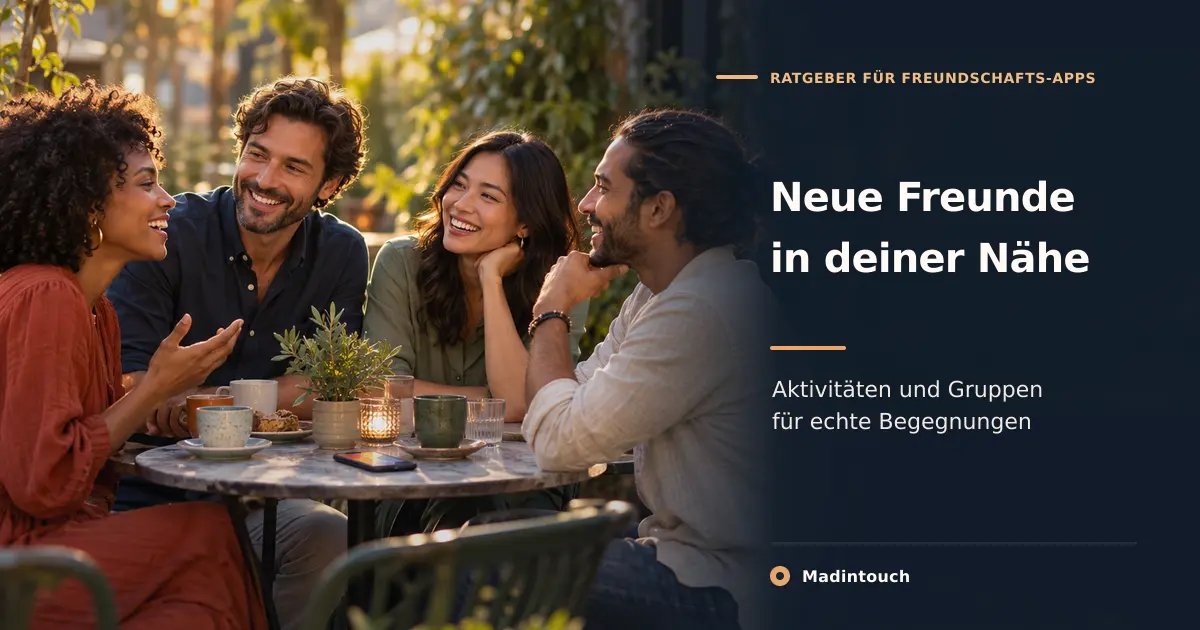 Vier Freunde unterhalten sich in einem Café im Freien; Madintouch-Ratgeber zu Apps für neue Freundschaften.