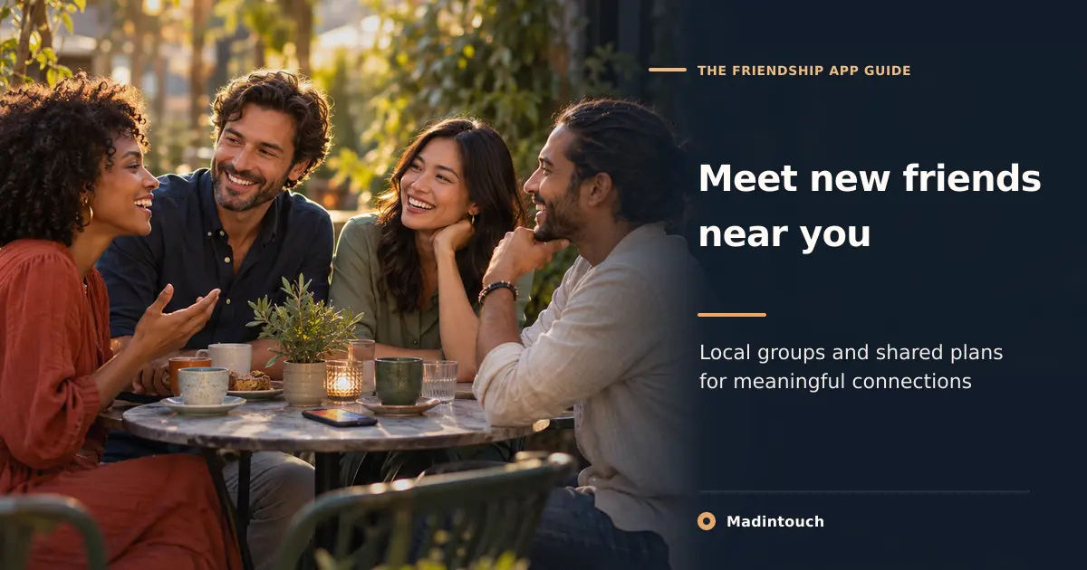 Four friends chatting at an outdoor café at sunset, on the Madintouch guide to friendship apps.