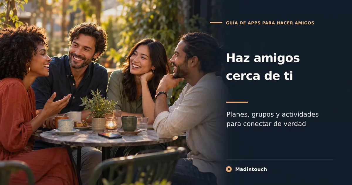 Cuatro amigos conversan en una terraza al atardecer; portada de la guía Madintouch de apps para hacer amigos.