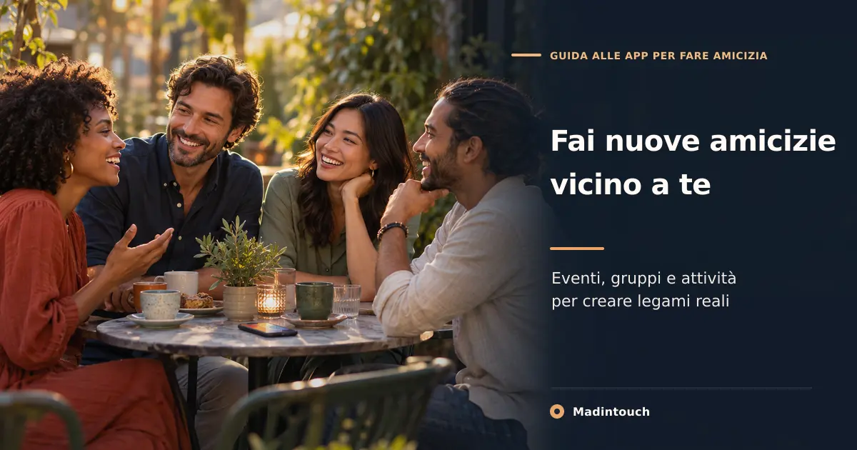 Quattro amici chiacchierano all’aperto al tramonto; copertina della guida Madintouch alle app per fare amicizia.