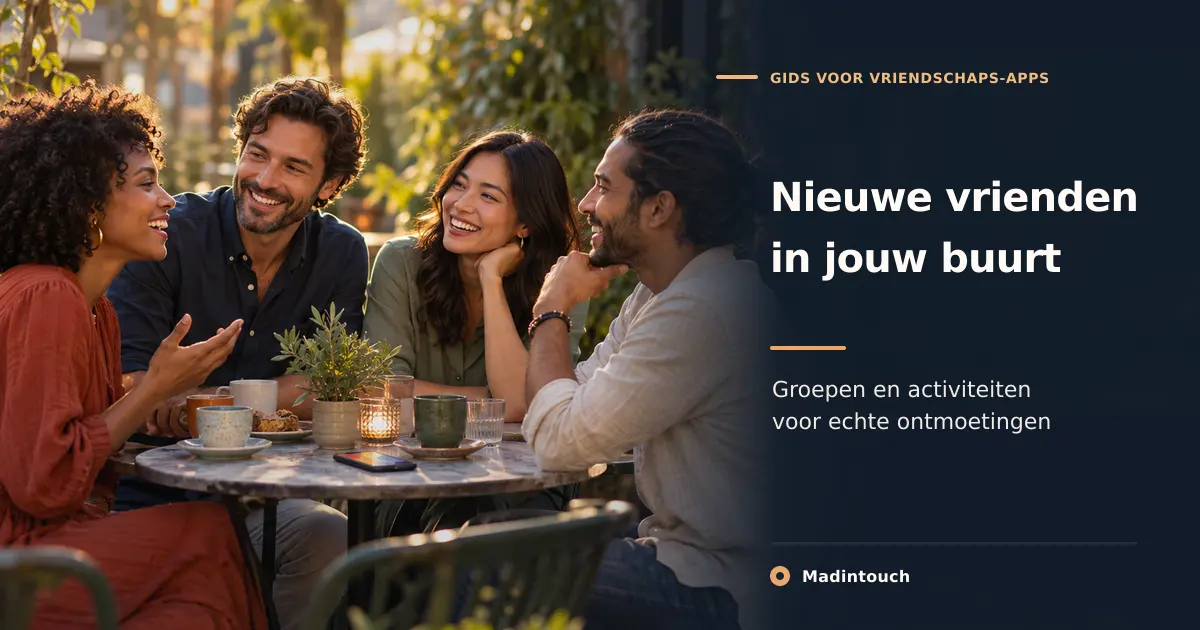Vier vrienden praten op een terras bij zonsondergang; omslag van de Madintouch-gids over vriendenapps.