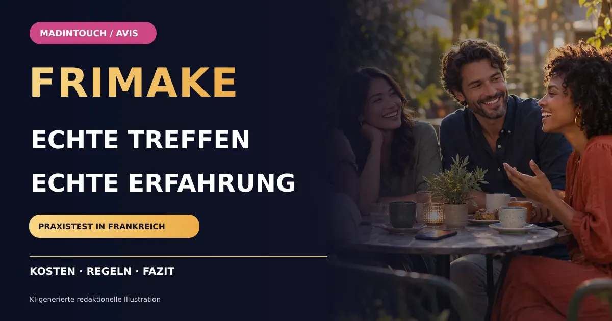 KI-generierte redaktionelle Illustration von Freunden im Café für einen Erfahrungsbericht zu Frimake aus Frankreich.