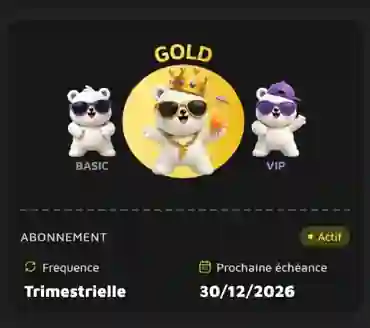 Pack GOLD trimestriel actif sur Frimake, tel qu'affiché sur le compte testé.