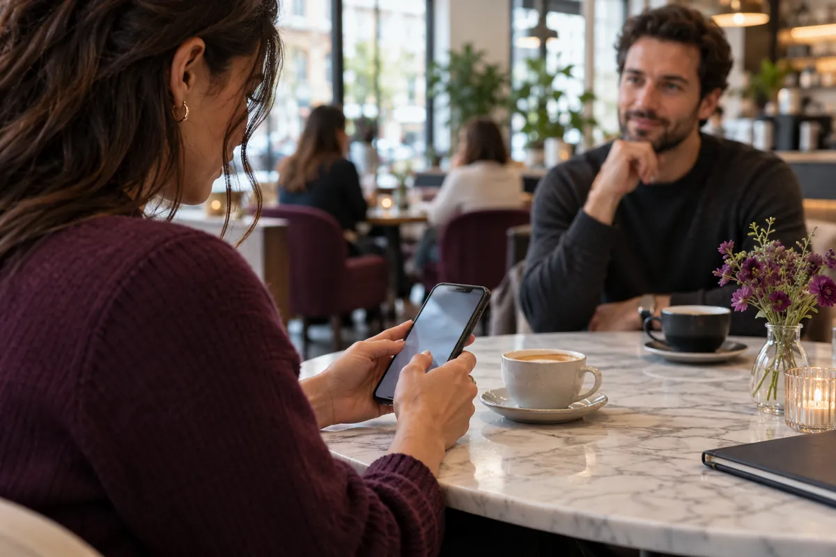 Eine erwachsene Person prüft in einem öffentlichen Café ihr Smartphone; redaktionelles Stimmungsbild ohne dokumentarischen Bezug zur Plattform.