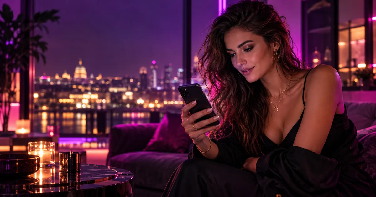 Femme adulte consultant son smartphone dans un salon aux lumières violettes, illustration éditoriale OnlyFans.